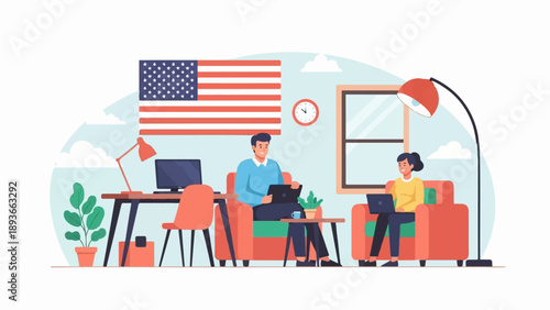People working remotely with American flag and home office setup