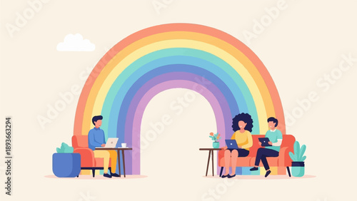 People working under a colorful rainbow arch with a cloud