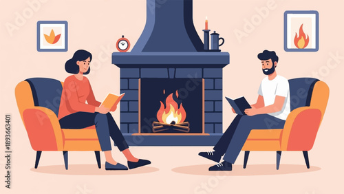 Two people reading books by a cozy fireplace on armchairs