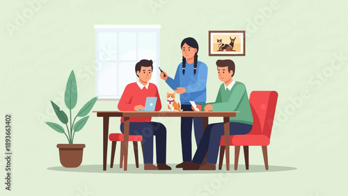 Three people and a cat collaborate around a table with laptops and phones