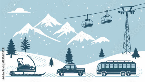 Winter transport modes in snowy mountain landscape with snowmobile pickup truck bus and ski lift