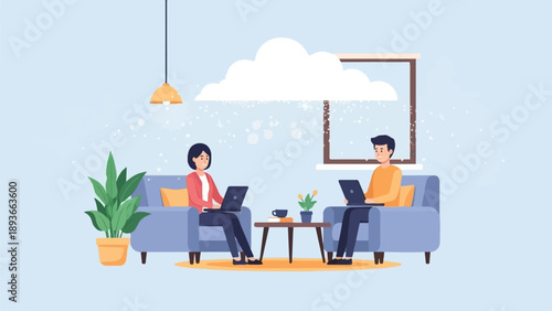 Two people work remotely on laptops from cozy couches in a room with a window