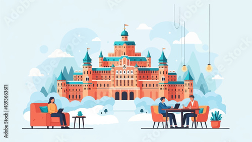 People working remotely with a fantastical castle in background