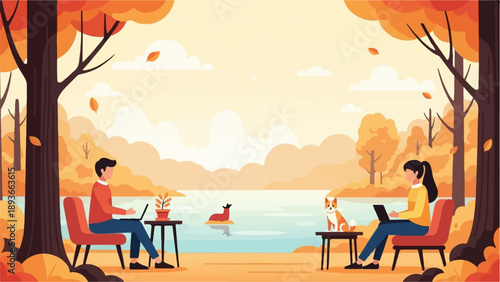 People working outdoors by lake with dog and fall foliage