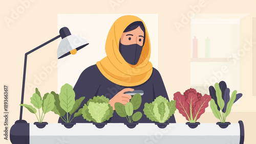 Woman tending to indoor hydroponic garden under a grow light