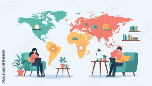 People working remotely across the globe on a stylized world map background