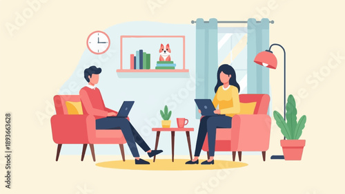 Two people on couches with laptops, in a cozy room