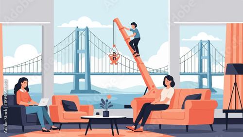 People inside a room with a bridge view, one person on laptop, others near a crane