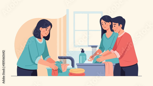 Three people doing laundry by hand in a sink area