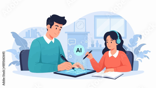 Two people work together on a tablet displaying AI technology, indicating learning