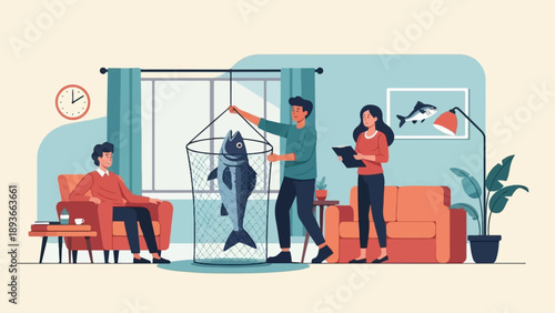 People indoors examining a large fish caught in a net, with a clock