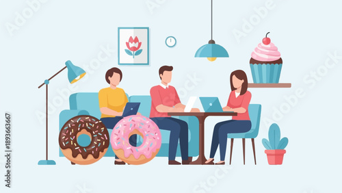 People working on laptops with donuts, coffee, and cake