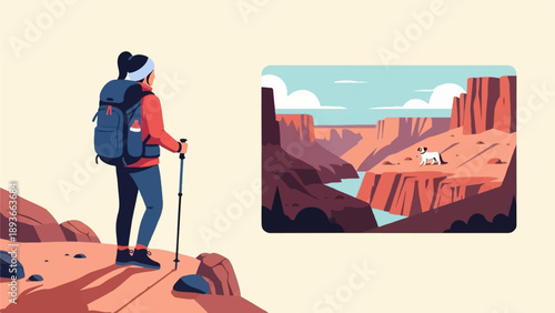 Woman with backpack and dog in canyon