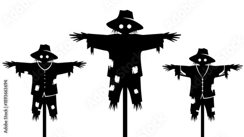 Stylized Scarecrow Vector Silhouettes – Halloween Harvest Autumn Decoration, Rustic Farmyard, Black and White Spooky Scarecrow Vector Art for Seasonal Design, Stock, Catalog, Portfolio
