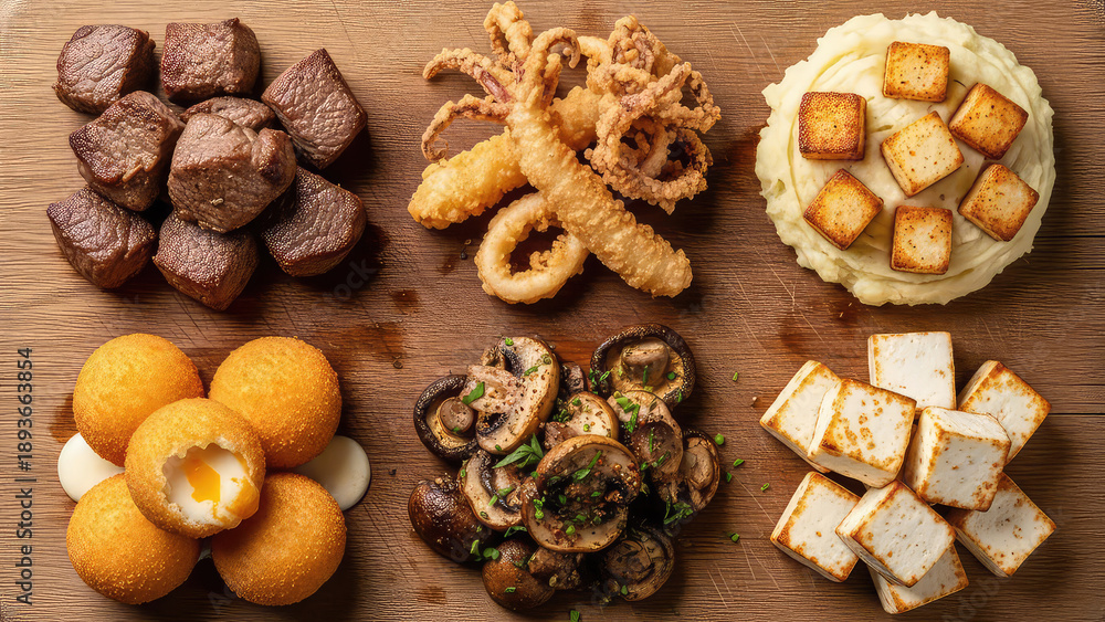 Fototapeta premium A variety of delicious appetizers including fried calamari, breaded mushrooms, mini toast slices, and brownie bites artfully arranged on a wooden table.
