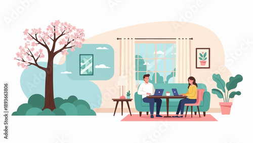 Two people working on laptops at home with a blooming tree outside