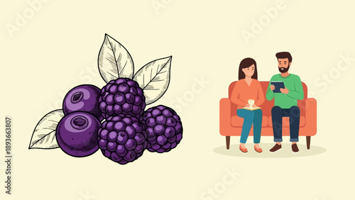 Two people on a sofa and a pile of blackberries and leaves