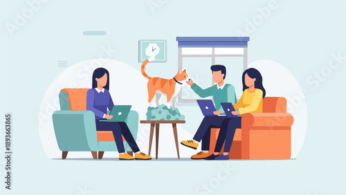 People working on laptops with a cat in a room