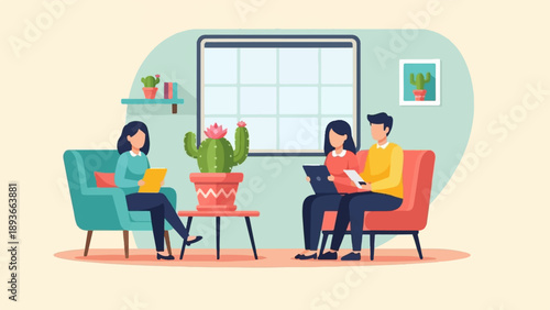 People in a room with a cactus and a large window