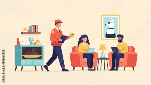 Postman delivers mail to people working on laptops in a cozy room
