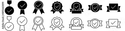 Award vector icon set. Quality mark Illustration sign collection. Confirmed symbol. Passed inspection logo.