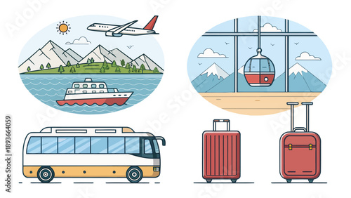 Tourism transport modes silhouette vector pack featuring tour bus airplane cruise ship cable car and luggage for travel and vacation