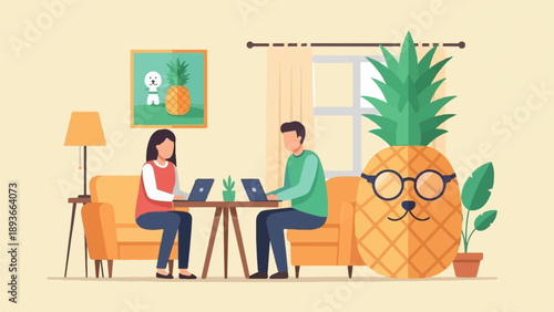 People working on laptops next to a pineapple with glasses