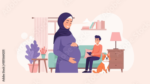 Pregnant woman and man in living room with dog and plants