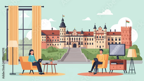 People working on laptops near a castle, with a large window and curtains