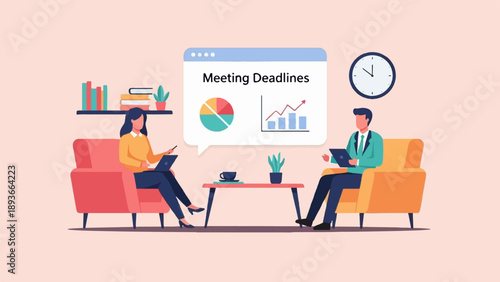 Professionals review meeting deadlines and charts in a modern office setting