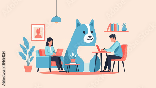 People working on laptops in a room with a giant friendly dog