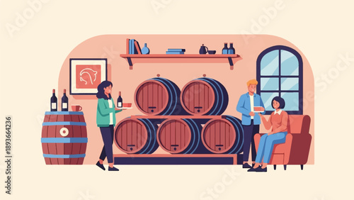 People in a cellar with wine barrels and bottles, enjoying a tasting