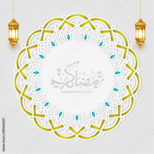 Ramadan Kareem border. luxury white. Ramadan illustration text. Greetings Ramzan Mubarak with round Islamic border.