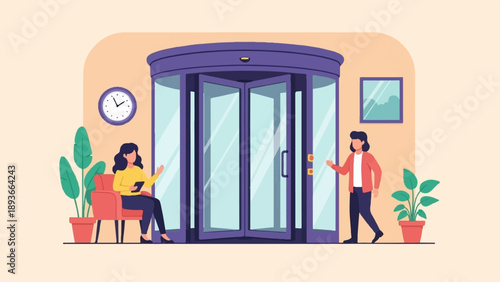 Two people interact near a revolving door in a modern office lobby
