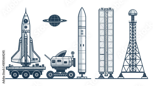 Space transport icons featuring rockets on launchpad and carrier satellite and launch tower in detailed vector illustrations