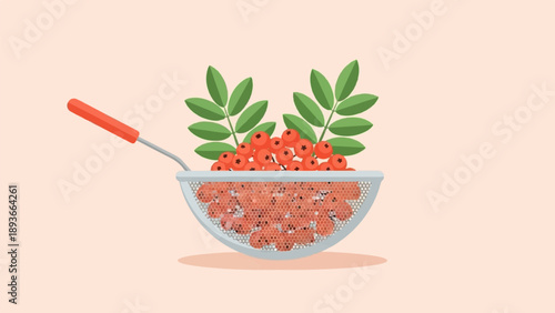 Red berries and green leaves in a strainer with an orange handle