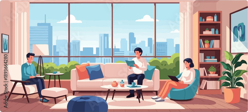 Three people relax in a modern apartment with city view