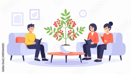 Three people relax on sofas reading books around a potted plant