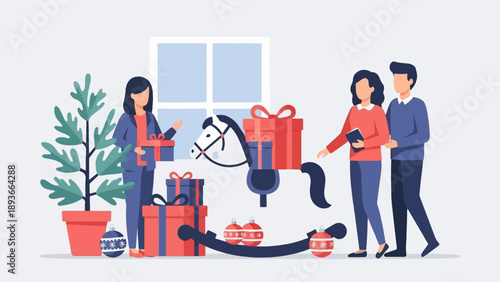People giving gifts in a room with a rocking horse and Christmas decorations