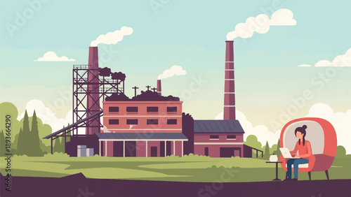 Woman working on laptop in red chair near smoking factory buildings and trees