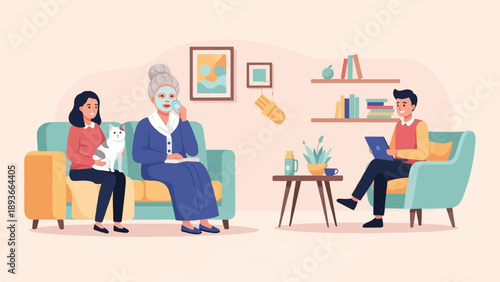 Three people relaxing in a living room, one with a face mask, another with a cat, and one on a laptop