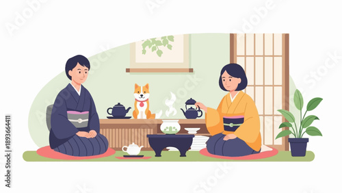 Two people in kimonos enjoying tea with a dog and plant