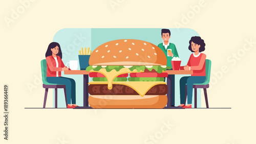 Three people sit around a large hamburger with fries and drinks