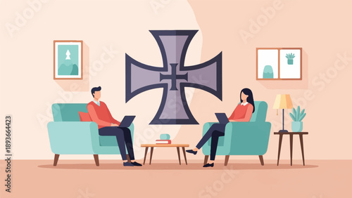 Two people working on laptops in a living room with a large cross symbol