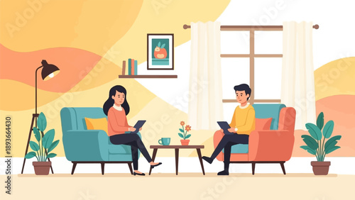 Two people in cozy living room with warm lighting and plants