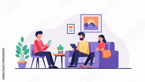 Three people sit in a living room, using their phones and tablets while relaxing