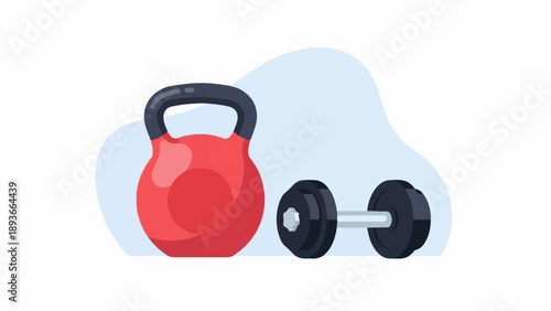 Red kettlebell and dumbbell on abstract background