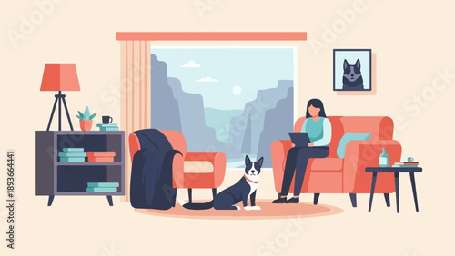 Woman working on laptop with dog in cozy living room