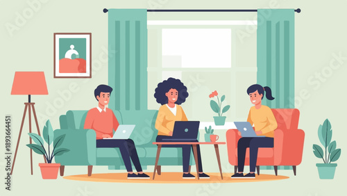 Three people sit in a living room, each with a laptop, working or studying