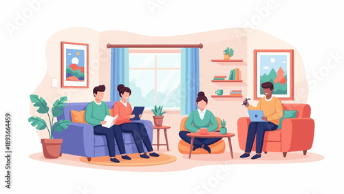 People gathered in a living room, interacting and working on devices